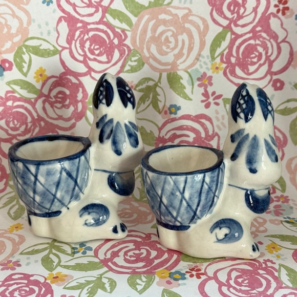 SIGNED Bunny or Rabbit Egg Cups Ceramic or Porcelain Blue White Pair (2) Holiday - Picture 2 of 8